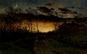 Untitled Sunset with Quarter Moon and Farmhouse