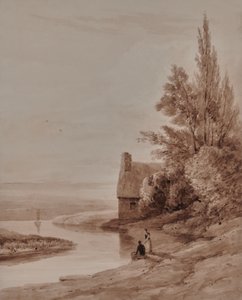Waterscape with figures and a small boat by Edward Pretty