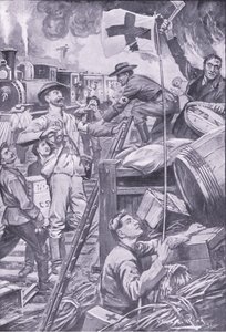 Bogus ambulancemen destroying stores at Komati Foort under cover of the Red Cross flag (illustration from After Pretoria: The Guerilla War, 1902) by Edward Read