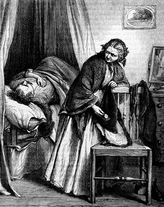 A landlady making sure her sick lodger has money or property to pay his rent