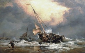 Fishermen pulling their boats on the shore of the North Sea, near Scheveningen by Edward William Cooke