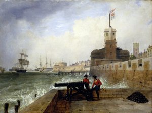 The Semaphore Tower at the entrance to the port of Portsmouth, with two soldiers sitting on the wall next to a cannon by Edward William Cooke