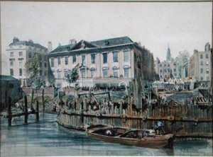 View of a timber cofferdam enclosing pile drivers and hoists for London Bridge