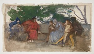 Figures Seated Along an Outdoor Bench
