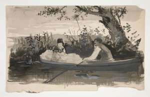 Man and Woman in Rowboat, Near Riverbank