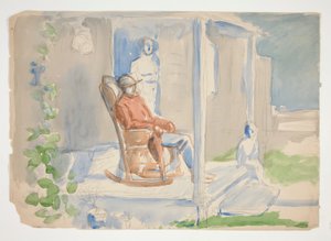 Man in rocking chair on front porch with his wife and child - unidentified illustration by Edwin Austin Abbey