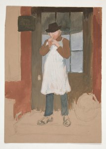 Man lighting a pipe in doorway