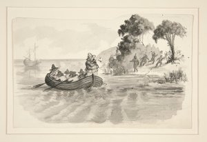 Men in Rowboat Fleeing Indians on Shore - Unidentified Illustration (Columbus Discovering New World?) - Explorers Landing in the New World