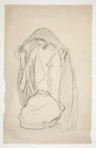 Sketch of a Cloaked Female Figure in Prayer for Three Marys at the Cross by Edwin Austin Abbey