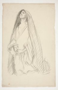 Sketch of a cloaked female figure in prayer for Three Marys at the Cross