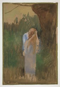 Woman in Landscape, Combing Her Long, Blond Hair - (Unidentified Illustration) by Edwin Austin Abbey