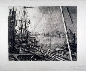 Pool of London from Rotherhithe, with ships in the foreground by Edwin Edwards