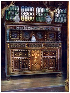 Carved and Inlaid Oak Court Cupboard, 1910 by Edwin Foley
