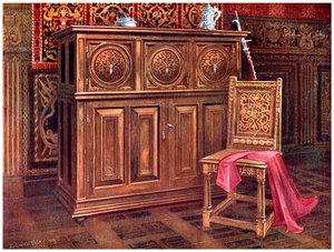 Oak cabinet and walnut chair, 1910 by Edwin Foley