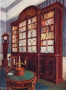 Inlaid Mahogany Break-Front Bookcase. Mahogany Pedestal Centre Table. Mahogany High-Case Clock