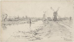 Landscape with River and Two Mills by Egbert Rubertus Derk Schaap