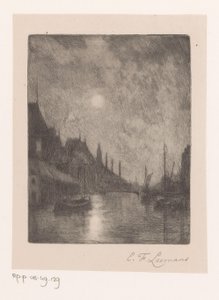 River View in a City at Night by Egide François Leemans (signed by artist)