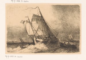 Sailing Ships and a Rowboat on a Rough Sea