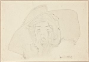 Head of a shouting young woman with large hat, chin supported by hands by Egon Schiele