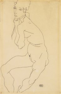 Seated Female Nude with Hand on Chin by Egon Schiele
