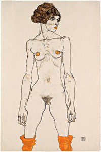 Standing Young Female Nude with Orange Coloured Stockings