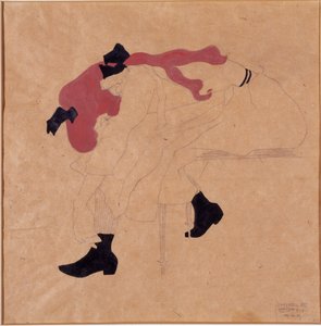 Young Girl with Black Ribbon in Red Hair, Putting Her Shoes On