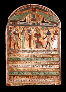 Egyptian antiquities: funerary stele of a high priest: Osiris welcomes the deceased present in Anubis, behind him the deities Isis, Nephtis (Nephtys or Neftis), Horus, Hathor. 3rd-2nd century BC. Turin, Egyptian museum by Egyptian