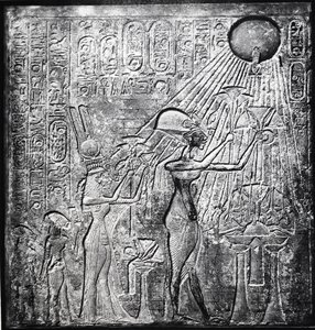 Akhenaten (Amenhotep IV) heretic pharaoh, reigned from c150 BC, here with Nefertiti and their two daughters offering gifts to the Sun. Relief originally in Temple of Sun, Thebes by Egyptian 18th Dynasty