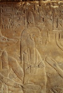 Anubis holding the mummy, relief from the tomb of Maia, wet-nurse of Tutankhamun, Saqqara, Egypt, Egyptian Civilization, New Kingdom, Dynasty XVIII (detail) by Egyptian 18th Dynasty