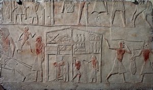 Arrangement of food in warehouses, limestone wall relief, from Memphite Tomb of Horemheb at Saqqara, Egyptian Civilization, New Kingdom, Dynasty XVIII by Egyptian 18th Dynasty