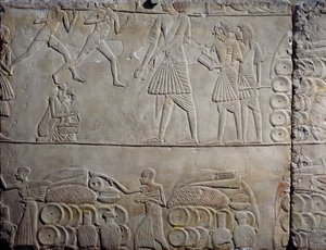Arrangement of Food in Warehouses, Limestone Wall Relief, from Memphite Tomb of Horemheb at Saqqara, Egyptian Civilization, New Kingdom, Dynasty XVIII by Egyptian 18th Dynasty