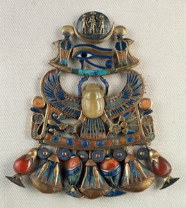 Breastplate with solar and lunar emblems, From Tomb of Tutankhamun, Thebes, Egypt, Goldsmith art, Egyptian civilization, New Kingdom, Dynasty XVIII