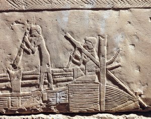 Ancient Memphis, Necropolis of Saqqara. Mastaba of Ipi. Relief Portraying Carpenters Repairing Boat. (New Kingdom, Dynasty XVIII)