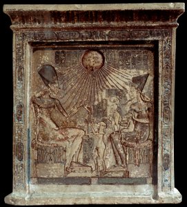 Egyptian Queen Nefertiti with Pharaoh Amenophis IV and their children, low relief, 18th dynasty, New Empire, Cairo, Egyptian Museum
