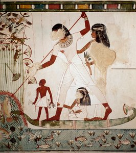 Egyptian antiquity: Fishing scene. The noble Menna depicts on a boat with his wife harpooning a fish. Fresco from the tomb of Menna from the tomb area of the nobles in Gournah, Luxor Egypt by Egyptian 18th Dynasty