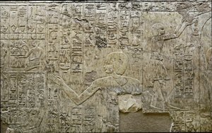 Egyptian antiquity: representation of bearers of offerings. Low relief of the Tomb of the Vizir Ramose (18th dynasty). Luxor, Thebes, Valley of the Nobles Egypt