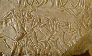 Egyptian antiquity: slaves carrying an obelisk during the great works of Pharaonic Egypt. (detail) by Egyptian 18th Dynasty