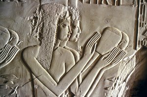 Egyptian antiquity: young girls making offerings. Tomb of Kherouef by Egyptian 18th Dynasty