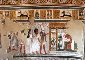 Egyptian Antiquity: Horus Guides Roy and His Wife to Osiris. Fragments of Fresco from the Tomb of Roy (TT255). 18th Dynasty. From the West Bank of Luxor, Egypt by Egyptian 18th Dynasty