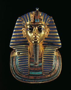Golden funerary mask of Tutankhamen inlaid with lapis lazuli, obsidian and turquoise by Egyptian 18th Dynasty