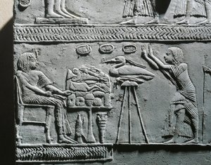 Horemheb eating funerary meal, relief from the tomb of Horemheb at Saqqara by Egyptian 18th Dynasty