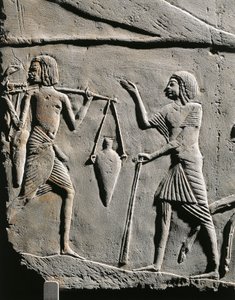 Life in a military camp: water bearer receiving orders from an officer, relief from the tomb of Horemheb at Saqqara (detail) by Egyptian 18th Dynasty