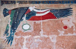 Painted relief depicting vulture of Upper Egypt, Mortuary Temple of Hatshepsut, Deir el-Bahari, Luxor, Thebes