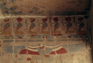 Painted wall with solar disk, uraeus and vulture of Upper Egypt, Mortuary Temple of Hatshepsut, Deir el-Bahari, Theban Necropolis
