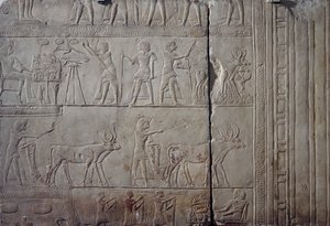 Pharaoh Horemheb, depicted while doing agricultural work in fields of Iaru, receiving harvest offered by farmers