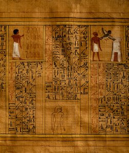Portion of Book of Dead with Text in Vertical Columns of Hieroglyphs and Inserts Containing Polychrome Illustrations by Egyptian 18th Dynasty