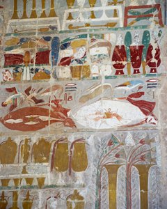 Provisions and pottery offered to gods by Queen Hatshepsut, painted relief, Chapel of Anubis, Mortuary Temple of Queen Hatshepsut, also known as Djeser-Djeseru, Deir el-Bahri, Thebes. Egyptian civilization, New Kingdom, Dynasty XVIII by Egyptian 18th Dynasty