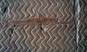 Representation of fish, scenes of Kingdom of Punt, south wall of central colonnade, Mortuary Temple of Hatshepsut, Deir el-Bahari, Luxor, Thebes (Unesco World Heritage List)