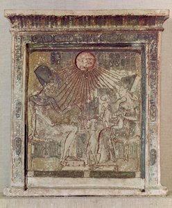 Stela Depicting the Aten Giving Life and Prosperity to Amenophis IV (Akhenaten), His Wife Nefertiti and Three of Their Daughters, from Tell el-Amarna, New Kingdom, c.1353-1337 BC