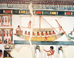 The solar ship, (detail) of the pilgrimage to Abydos, fresco, north wall, long dining room, Theban Tomb TT69, Sheikh Abd el-Qurna, Thebes